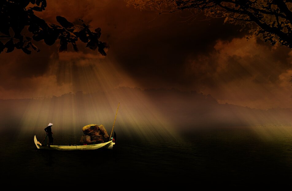 Zeichnung eines asiatischen Fischermanns in einem Boot