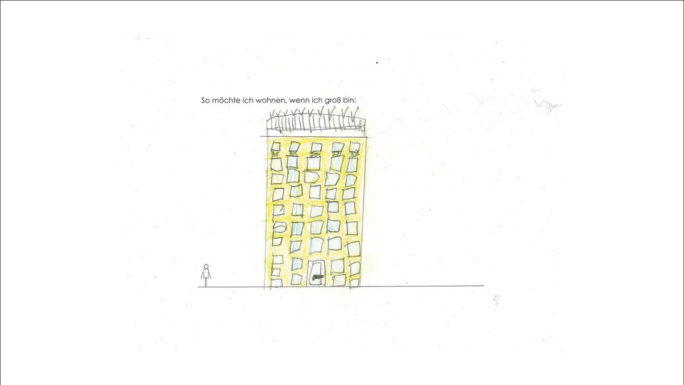 Kinderzeichnung einer Hausansicht der Studienarbeit "Leben vor der Stadt"