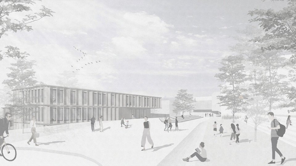 Rendering einer Aussenansicht der Master-Thesis "Schulcampus Hedelfingen"