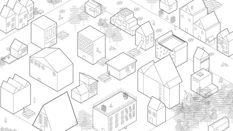 Axonometrie einer Vorstadtansicht der Studienarbeit "Leben vor der Stadt"