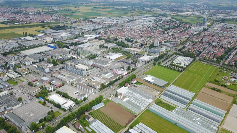 Aerial view of the iba project area "Agriculture meets Manufacturing" in Fellbach