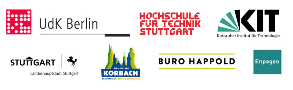 Banner Logos Consortium Universität der Künste Berlin, HFT Stuttgart, Landeshauptstadt Stuttgart, Karlsruher Institut für Technologie, Kreis- und Hansestadt Korbach, Enpageo GmbH, Buro Happold GmbH